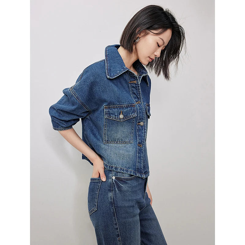 TOYOUTH Women Denim Jacket 2024 Autumn New Turn Down Collar Single Breasted Button Short Jacket