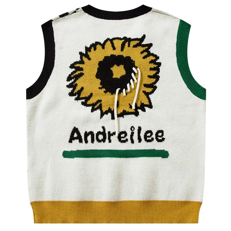 Vintage Sweaters Vest Y2K Knitted Sunflower Patchwork Sleeveless Jumpers Streetwear Hip Hop Harajuku Casual Baggy Pullover Vest