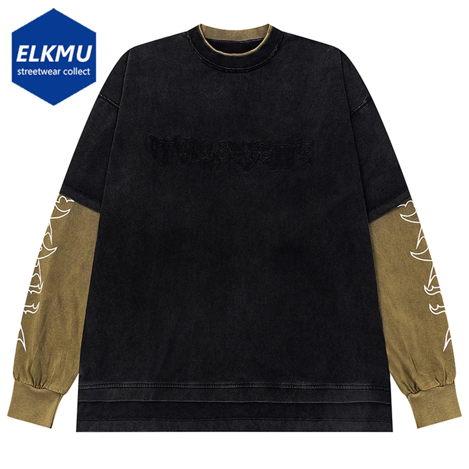 Men's Vintage Oversized T Shirts Fake Two Piece Long Sleeve T-shirts Streetwear Harajuku Hip Hop Tshirt Long Sleeve Tee Tops