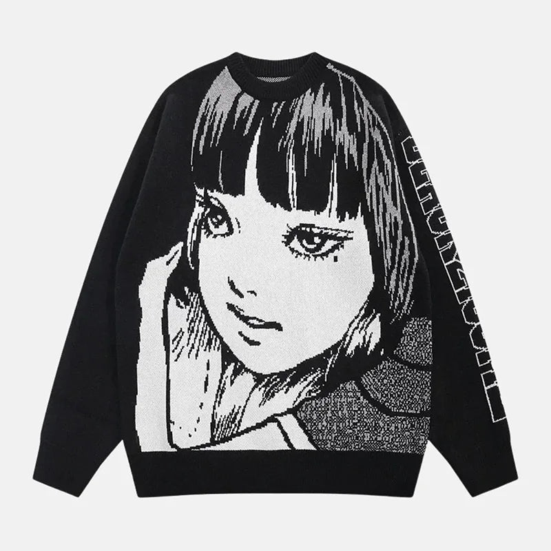 Oversized Sweater Men Women Harajuku Anime Girl Graffiti Vintage Knitted Sweater 2023 Winter Unisex Cotton Pullover Streetwear