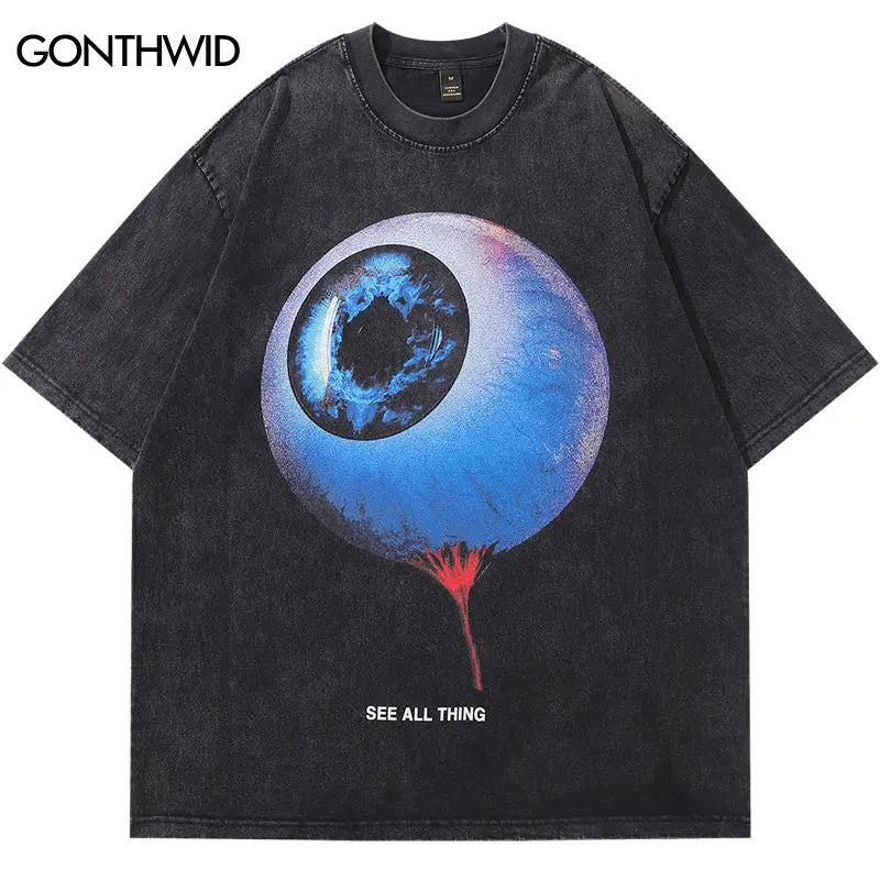 Vintage Oversized T-Shirt Hip Hop Eye Graphic Print Punk Gothic Washed Tshirt Streetwear 2024 Harajuku Cotton Loose Shirts Tops