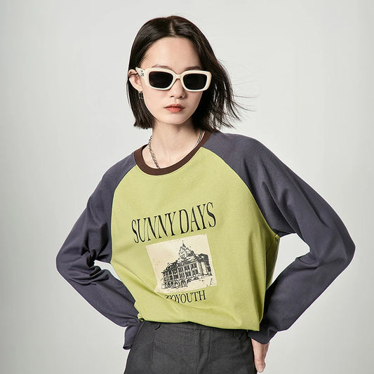 Toyouth Women Tees 2024 Autumn Contrast Raglan Sleeves O Neck Loose T-shirt Vintage Pattern Printing Fashion Five Colors Tops