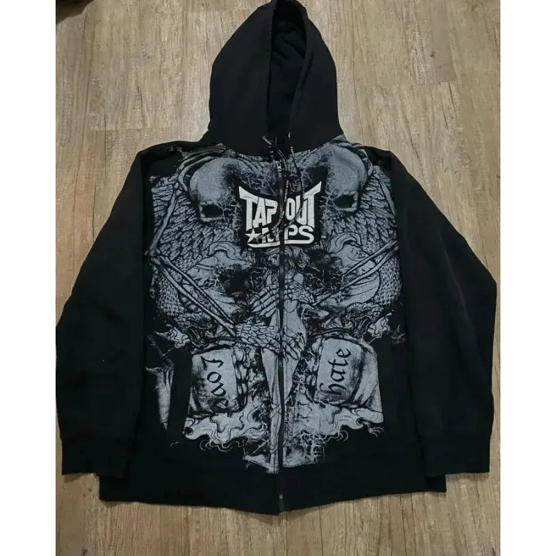 Y2K Fashion Tapout Zipper Hooded Sweater Retro Hip-hop Letter Printing Oversized Black Hooded Sweater Men And Women Gothic Tops