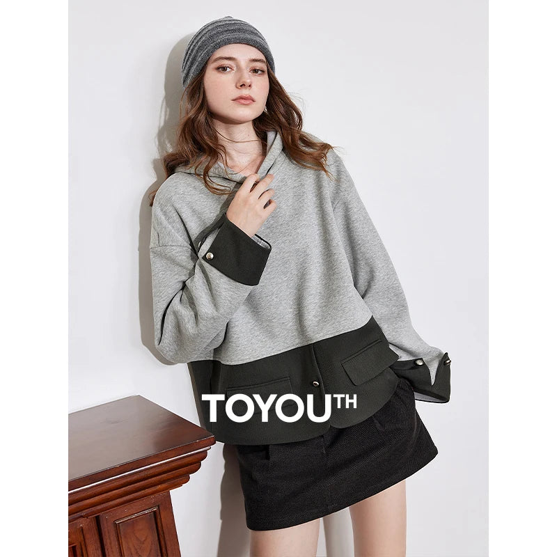 TOYOUTH Women Fleece Hoodies Sweatshirt 2024 Autumn Winter New College Style Hooded Patchwork Pullover Tops