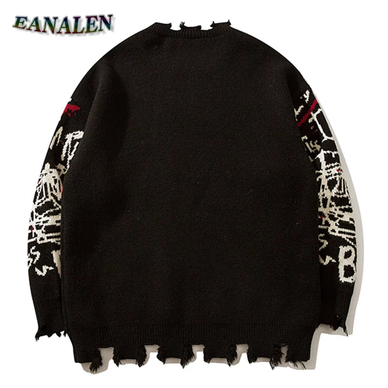 Harajuku Vintage Black Graffiti Knitted Sweater Men Winter Designer Casual Oversized Rapped Cartoon Anime Jumper Pullover Women