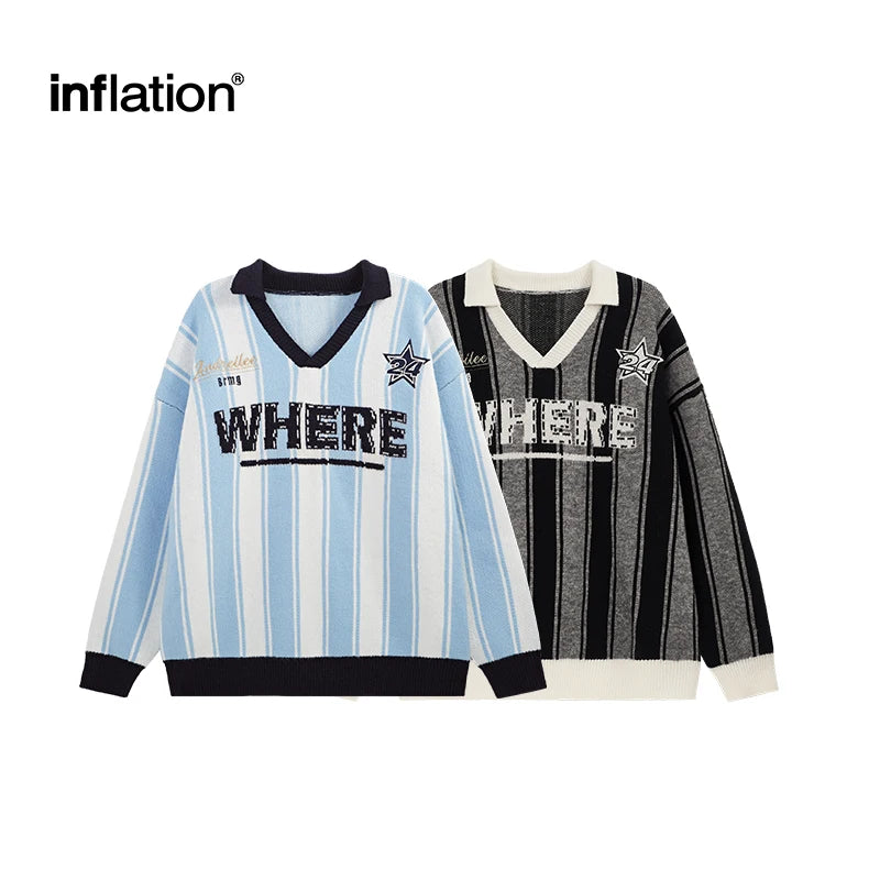 INFLATION Unisex Vertical Stripe Cozy Sweater Retro Sporty Loose Colorblock Knit Pullover Top