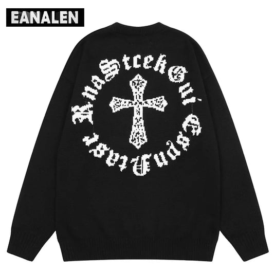 Harajuku Cross Letter Graphic Jumper Pullover Oversized Sweater Men's y2k Gothic Vintage Grandpa Knitted Ugly Sweater Women's