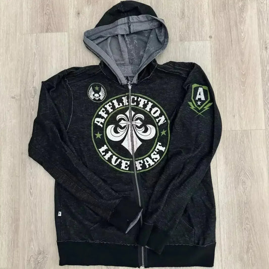2000s affliction Men multi Jacket Zip Hip Hop Hoodie Oversized Sweatshirt Harajuku Long Sleeve Hoodies