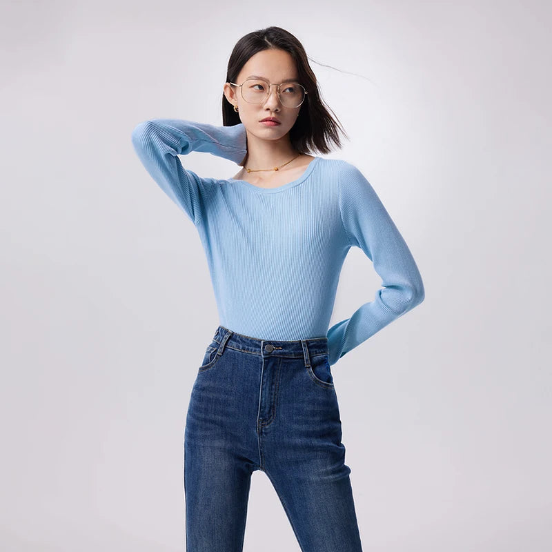 Toyouth Women Knitted Bottom Tees 2023 Autumn Long Sleeves Half High Collar O Neck V Neck Slim Solid Color Versatile Knitwear