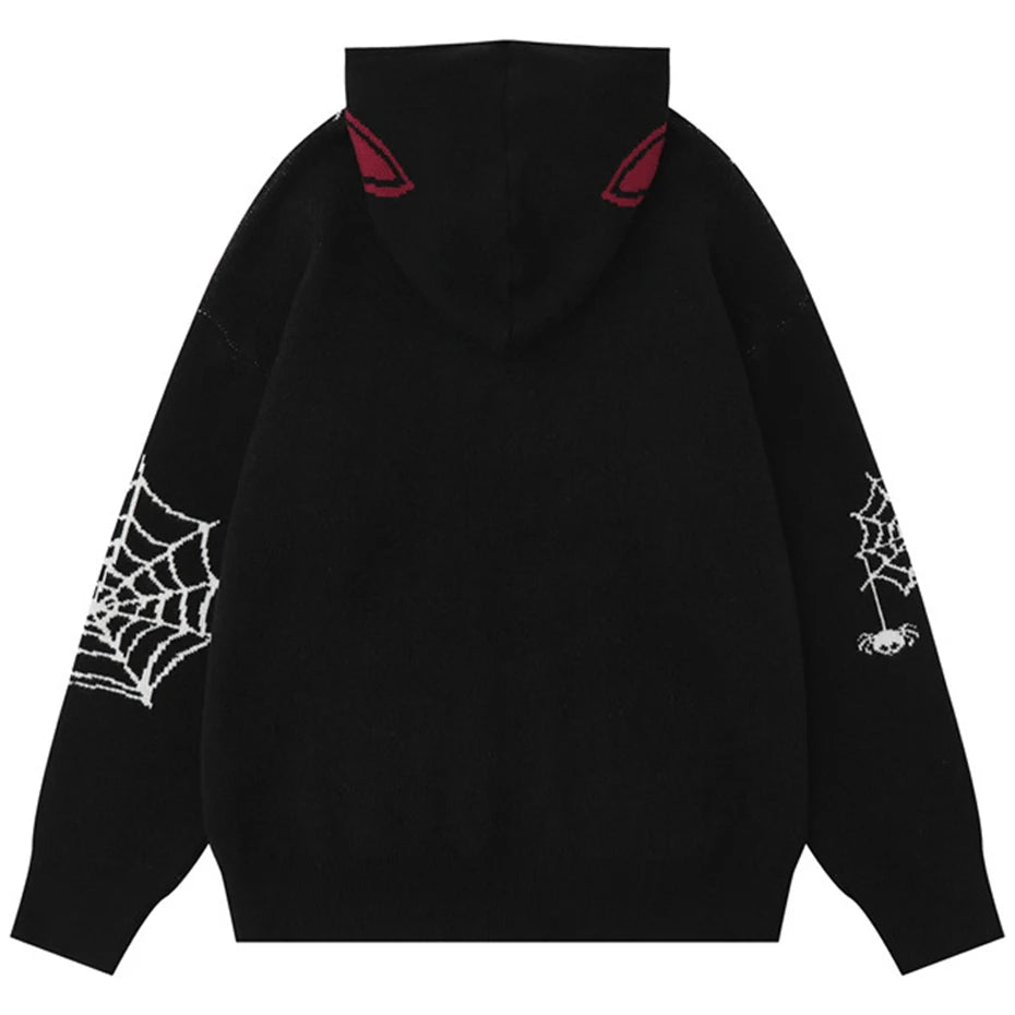 Men Hip Hop Sweater Spider Web Graphic Hooded Knit Sweaters Zipper Cardigan Streetwear Oversized Sweater Knitted Hoodie Jacket