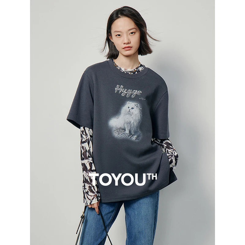 TOYOUTH Tee Shirt 2024 Spring Women Animal Printed Short Sleeve Loose Casual Tee Tops