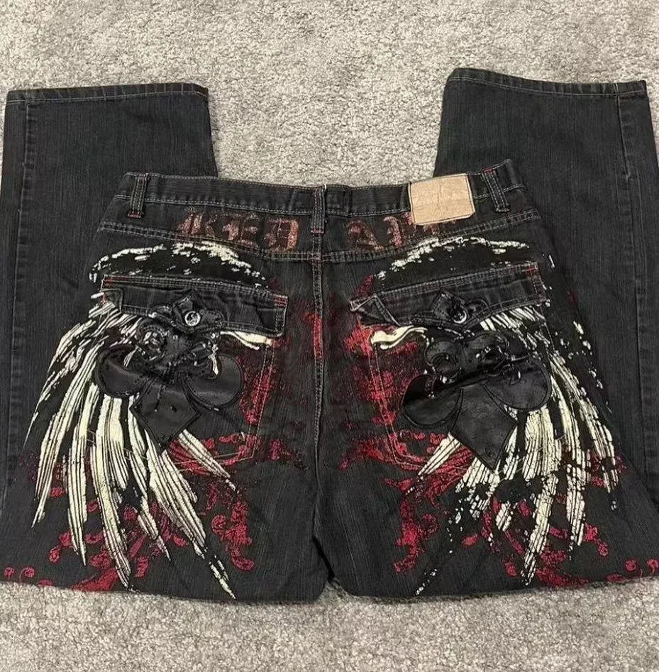 Affliction Baggy Jeans New Hip hop Fashion Hip Hop Wing Embroidery Jeans Men Women Vintage Streetwear Loose Wide Leg Denim Pants