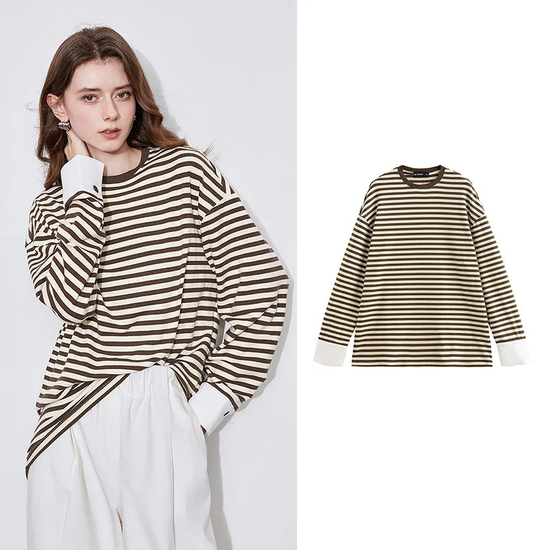 TOYOUTH Women Long Sleeve T-shirt 2024 Autumn New  American Style Striped Lazy Style Round Neck Warm Tops