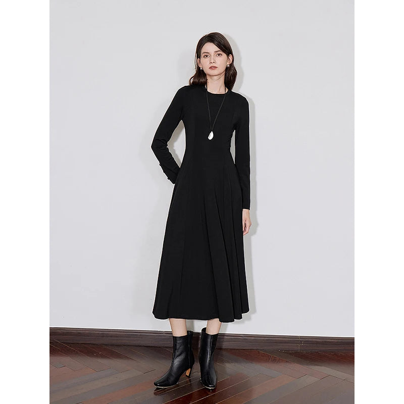 TOYOUTH Women Long Sleeve Dress 2024 Autumn New Long Sleeve Round Neck Slim Waist Black Casual Dress