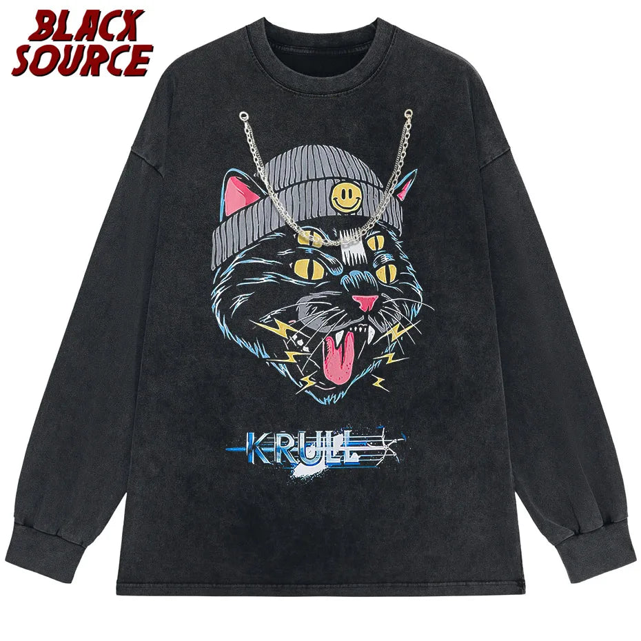 Hip Hop Oversized Tshirt Streetwear Cat Graphic Print Punk Gothic T-Shirt Men 2023 Casual Washed Tee Shirts Harajuku Cotton Tops