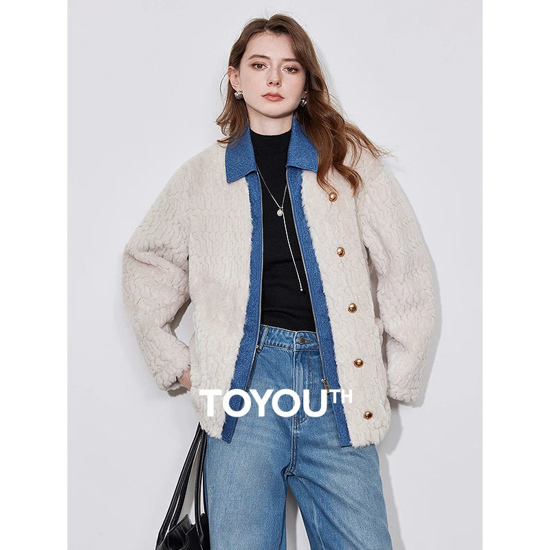 TOYOUTH Women Jacket Coat 2024 Winter New Rabbit Fur Denim Splicing Turn Down Collar Thicking Warm Outwear Cotton Coat