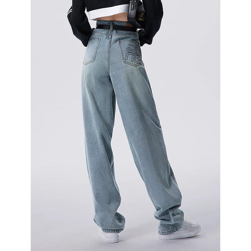 Toyouth Women Jeans 2023 Autumn High Waist Straight Loose Trousers Fashion Casual Versatile Simple Basic Light Blue Pants