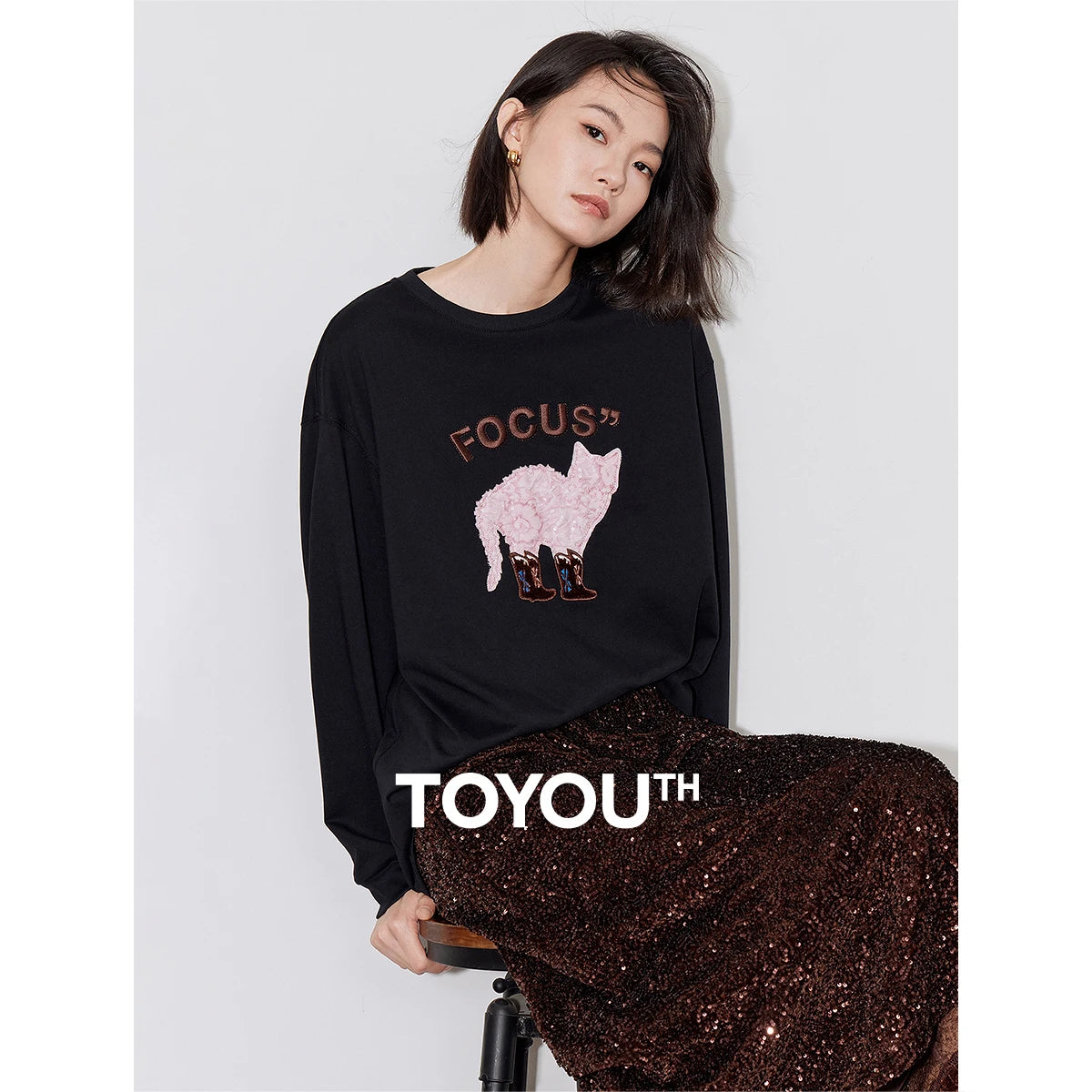 TOYOUTH Women T-shirt 2024 Autumn New Heavy Industry Cat Pattern Patchwork Embroidery Long Sleeve Round Neck Pullover Tops