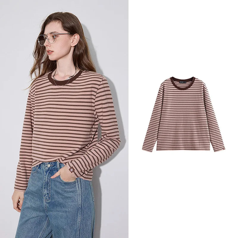 TOYOUTH Women Undercover 2024 Autumn Winter New Vintage Striped Round Neck Long Sleeve Warm T-shirt