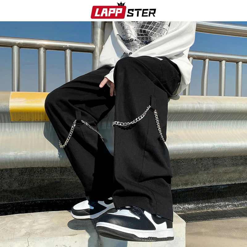 LAPPSTER Men Black Y2k Streetwear Harajuku Sweatpants 2023 Overalls Mens Korean Fashions Baggy Pants Free Chain Japanese Joggers