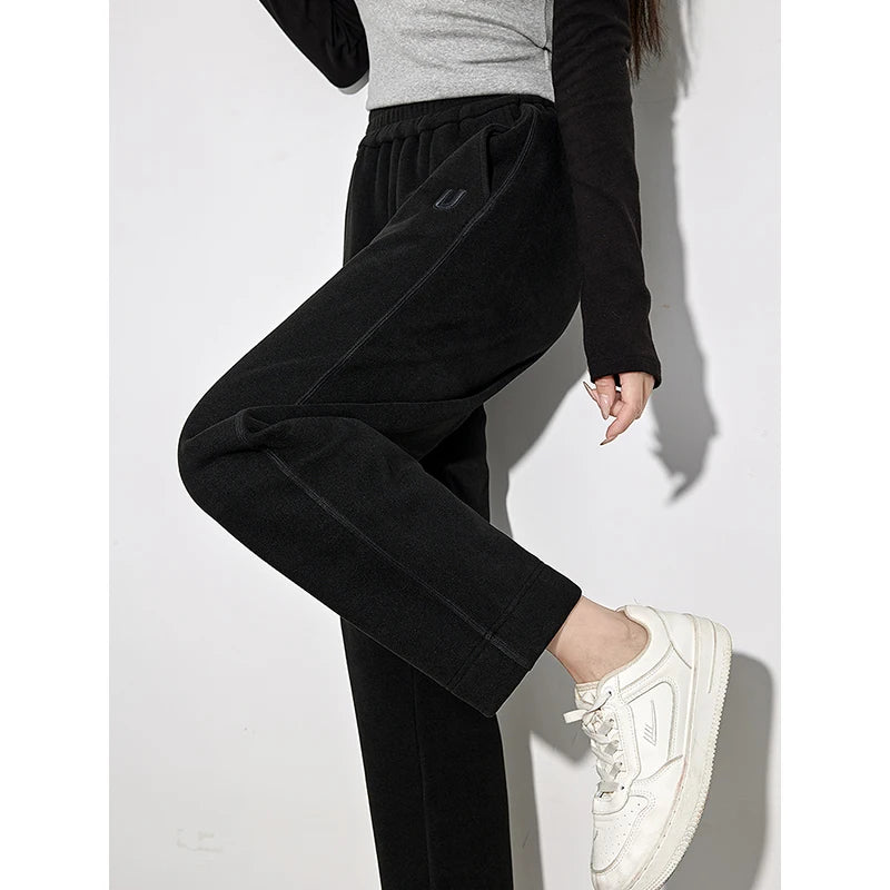 TOYOUTH Women Fleece Casual Pants 2024 Winter New Lazy Style Elastic Waist Straight Banana Pants