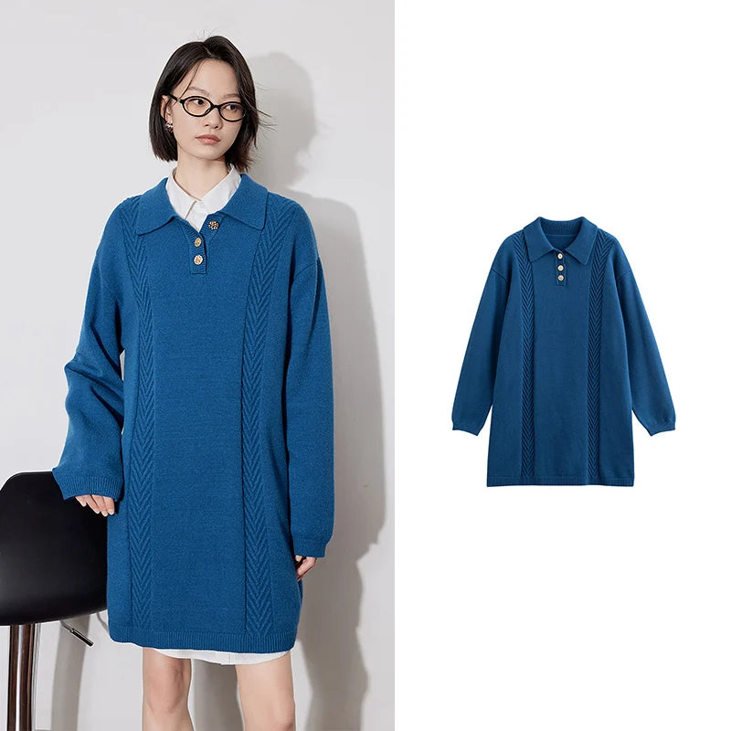 TOYOUTH Women Knitted Dress 2024 Autumn Winter New Turn Down Collar Straight Knee Length Knitted Warm Casual Dress