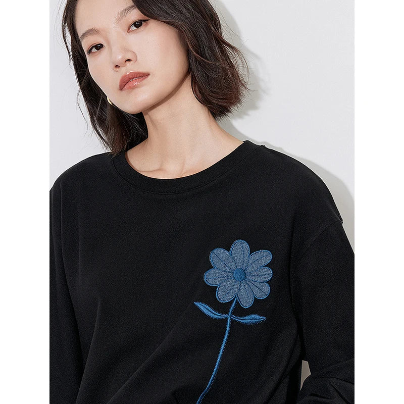 TOYOUTH Women Long Sleeve T-shirt 2024 Autumn and Winter New Denim Flower Embroidery Round Neck White T shirt Tops