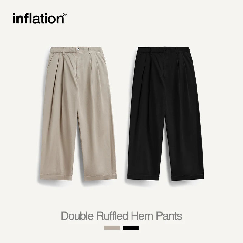 INFLATION Japanese Style Double Pleat Straight Leg Pants Unisex Trendy Casual Trousers