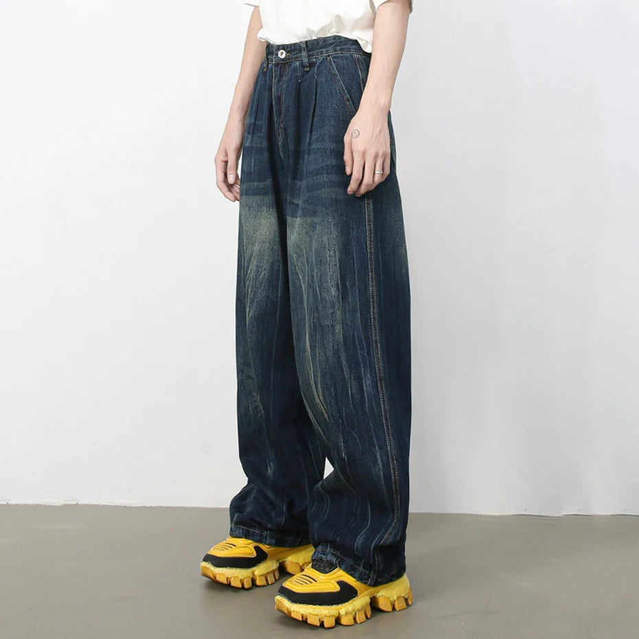 Men's Vintage Baggy Jeans Blue Loose Straight Denim Pants Streetwear Harajuku Hip Hop Jeans Trousers for Male