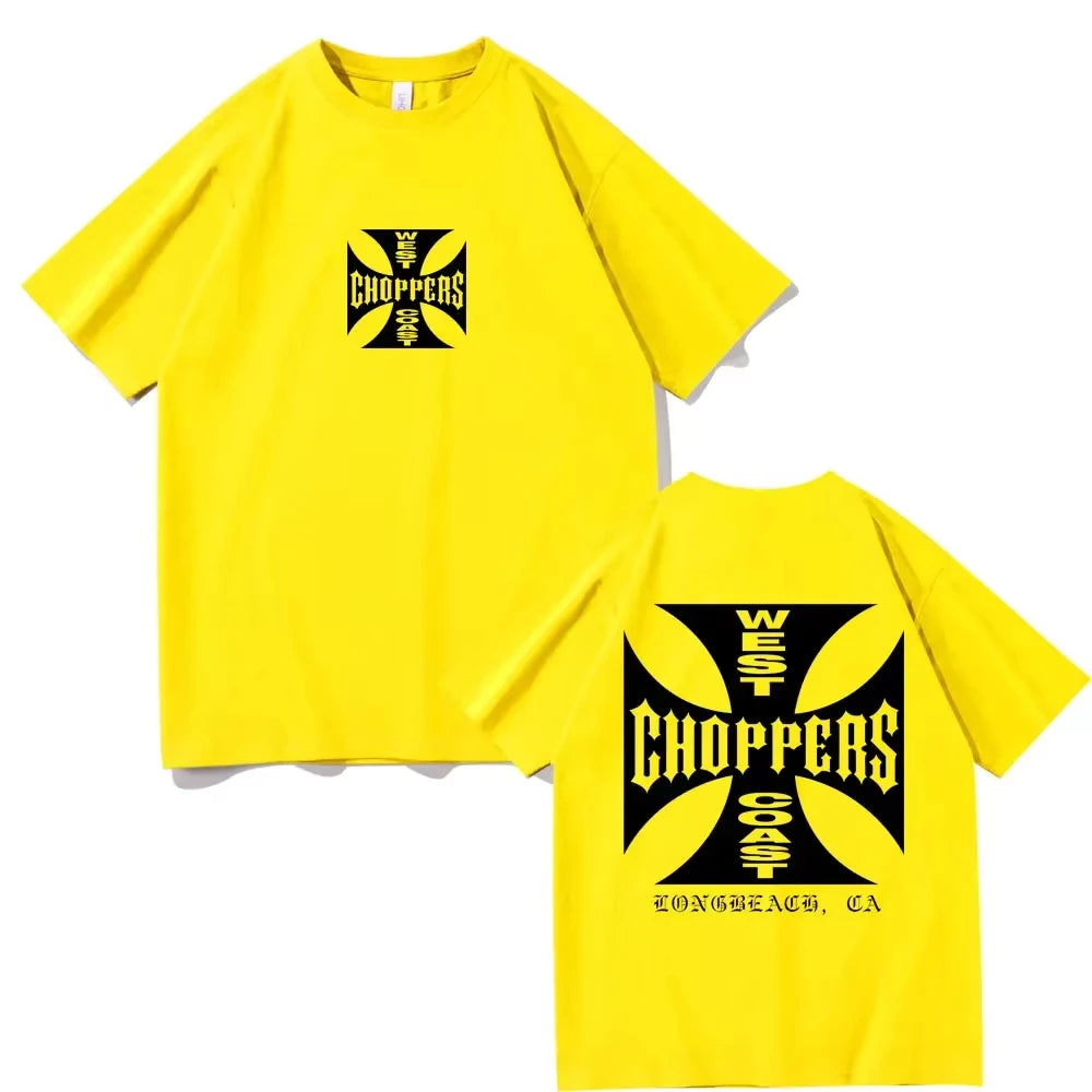 West Coast Choppers Cross Frame Print Tshirt Male Hip Hop Streetwear Oversized T-shirts Fashion Tees Men's Fleece Short Sleeve