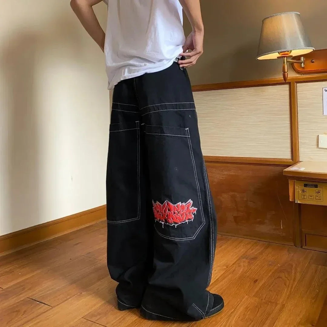 Streetwear Y2K Jeans Harajuku Hip Hop Retro Wing Pattern Embroidery Printing Baggy Jeans Pants Gothic High Waist Wide Trousers