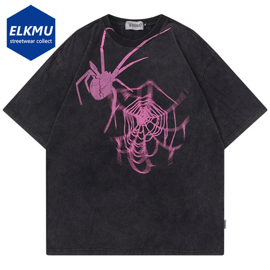 Harajuku Oversized Spider Print T-shirts Hip Hop Streetwear Tee Y2K Tops Men Summer Short Sleeve Loose T Shirt Black White