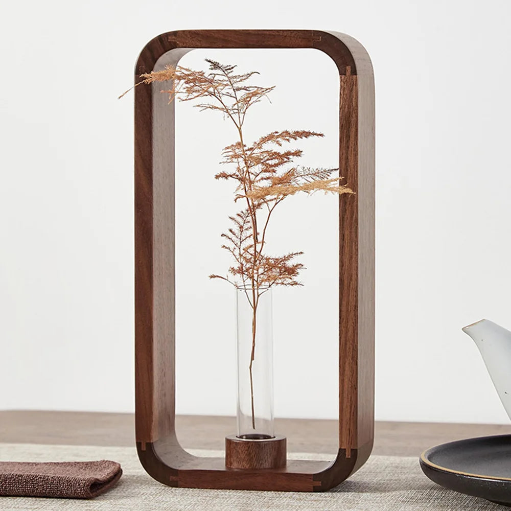 HeMu Rectangle Solid Wood Hydroponic Plant Retro Living Room Decoration Tea Room Dining Table Flower Arrangement Decoration Vase