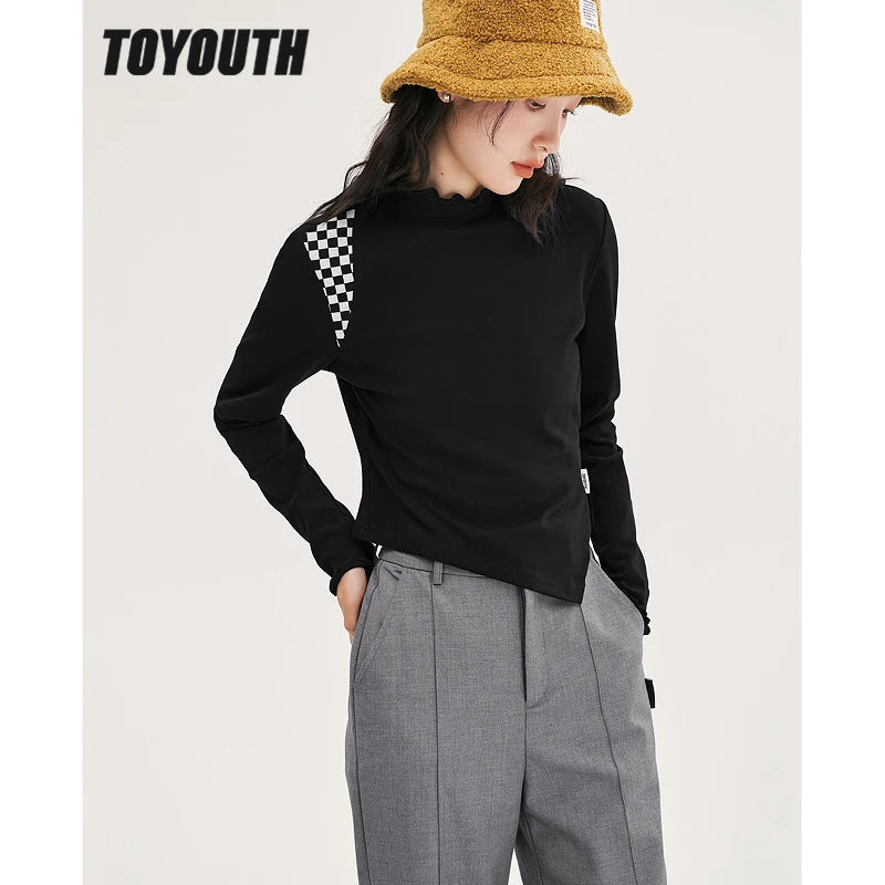 Toyouth Women Tees 2022 Winter Long Sleeve Petal Collar Elastic Fit Tshirt Black Splices Chessboard Casual Basic All Match Tops