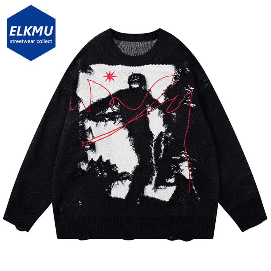 Men Hip Hop Sweater Graphic Ripped Patchwork Oversized Harajuku Sweaters Knit Jumper Black White Loose Casual Sweater