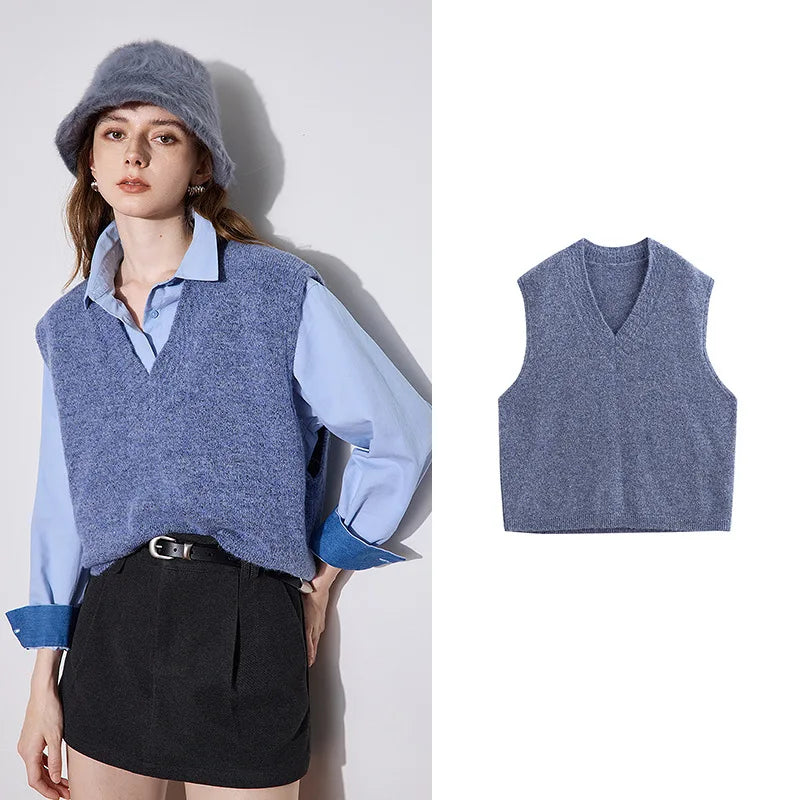 TOYOUTH Women Knitted Tank Tops 2024 Autumn Winter New Alpaca Wool V Neck Sleeveless Pullover Knitted Sweater