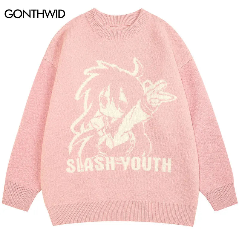 Harajuku Sweater Y2K Knitted Japanese Anime Cartoon Girl Jumper Streetwear 2024 Hip Hop Men Casual Loose Pullover Black Pink