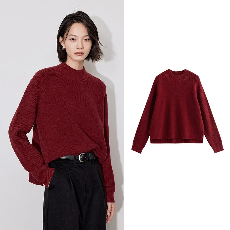 Toyouth Women Sweater 2024 Winter Long Sleeve Half High Collar Loose Knitwear Irregular Hem Comfortable Arctic Velvet Chic Tops