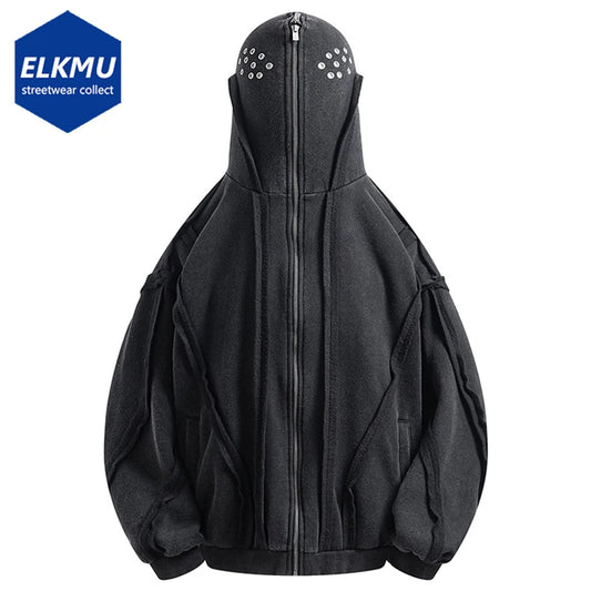 Men's Streetwear Hip Hop Hoodies Patchwork Vintage Hooded Sweatshirts Harajuku Oversized Hoodies Jackets for Male