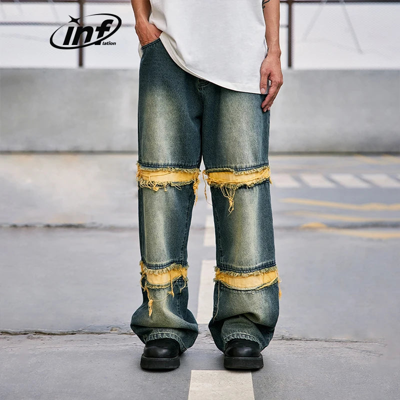 INFLATION Washed Distressed Fringe Jeans Men Straight Leg Ripped Denim Trousers