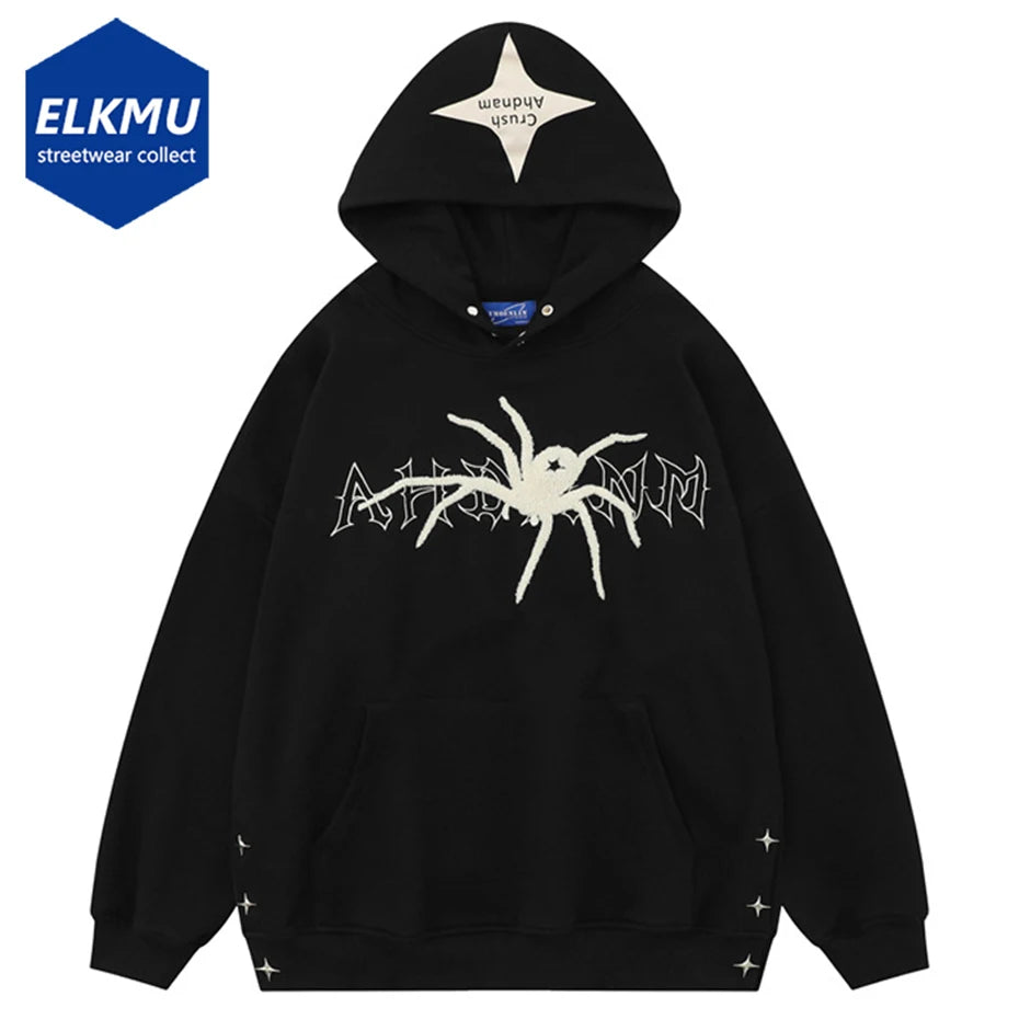 Spider Embroidery Pullover Hoodies 2024 Men Harajuku Oversized Hip Hop Hoodie Black Beige Loose Casual Sweatshirts Y2K