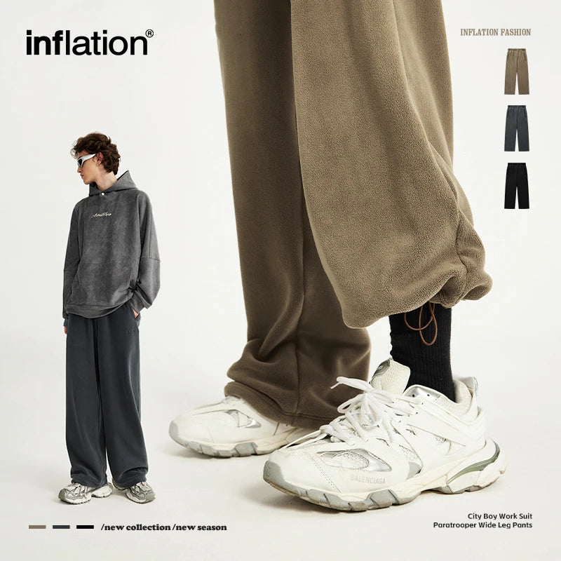 INFLATION Winter Thick Fleece Straight Leg Pants Unisex Matching Velvet Warm Sweatpant Mens Trousers