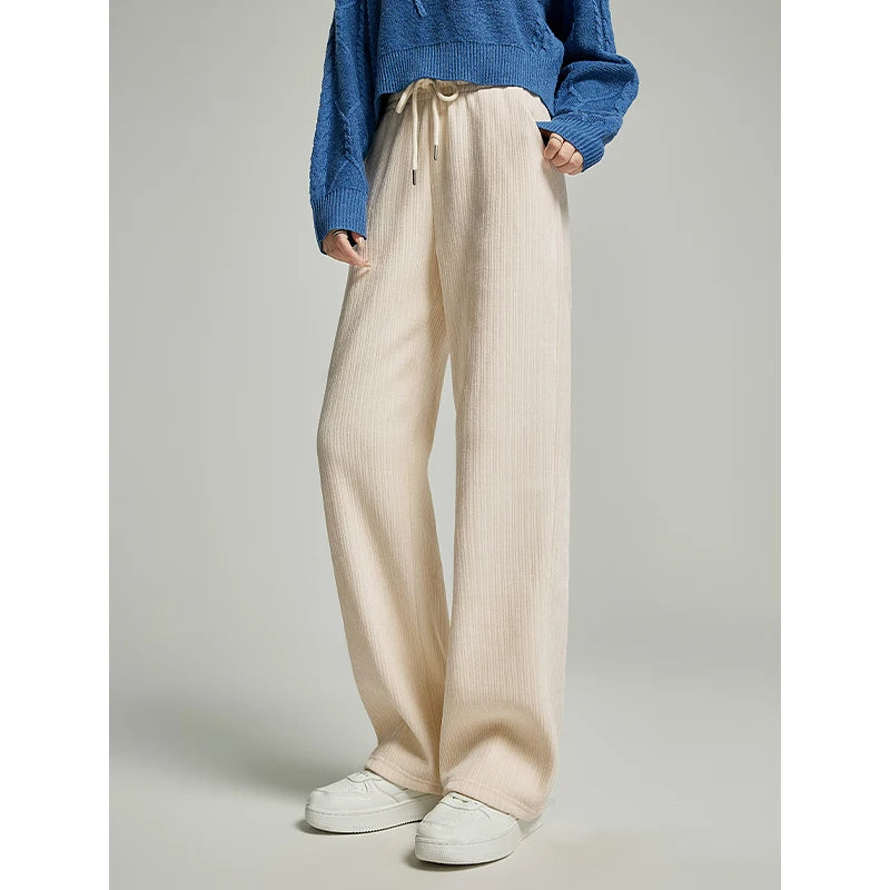 TOYOUTH Fleece Thicken Sweatpant 2024 Spring New Women Solid Color Drawstring Waist Straight Wide-leg Trousers Comfort Pants