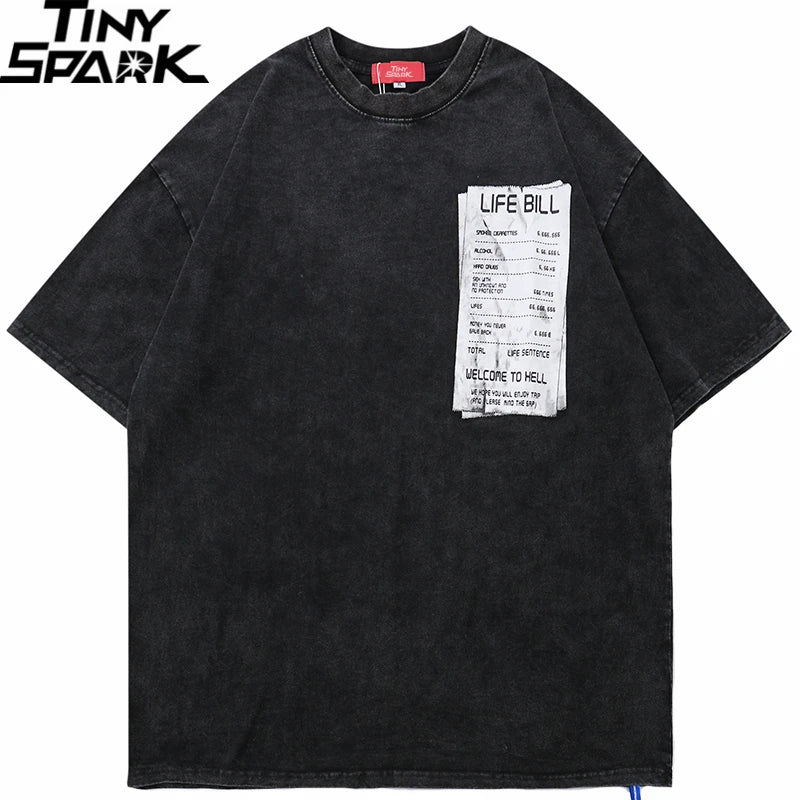 Men Hip Hop Streetwear Oversize Washed T-Shirt Retro Bill Graphic T Shirt 2023 Summer Short Sleeve Harajuku Cotton Tshirt Black