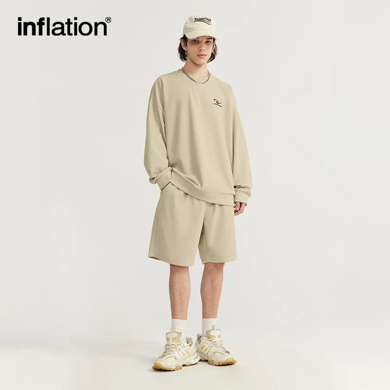 INFLATION Spring Oversized Tracksuit Sportswear Unisex Pique Fabric Embroidery Long Sleeve Tees and Shorts Set