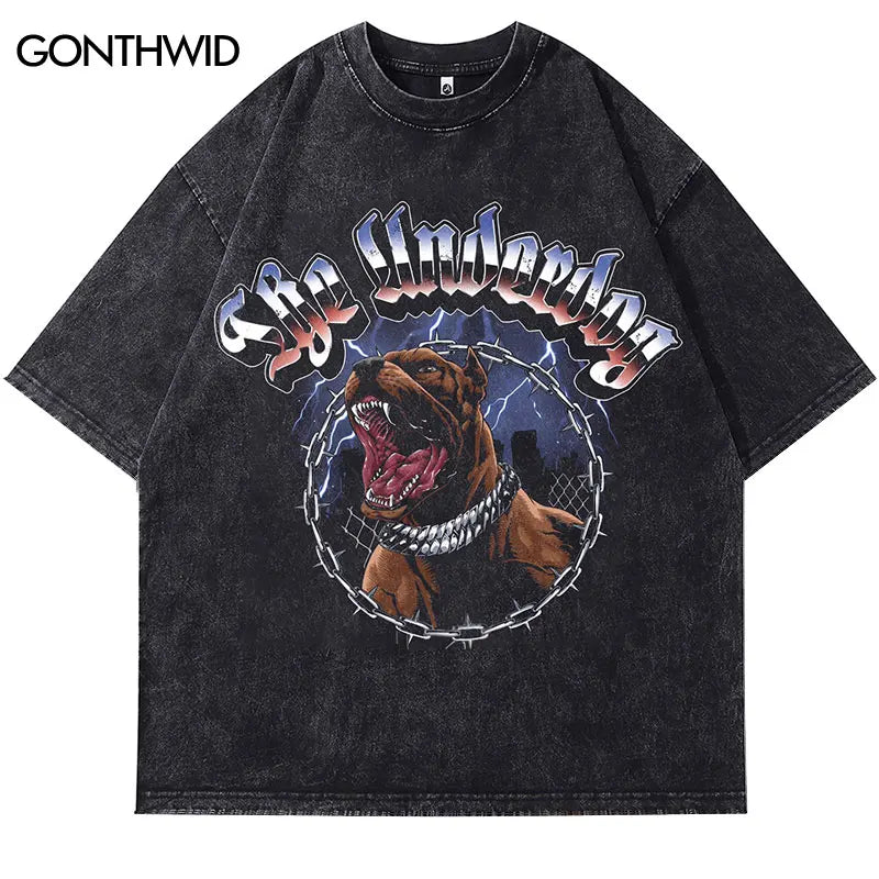 Hip Hop Black T-Shirt Vintage Pit Bull Dog Graphic Print Washed Tshirt Streetwear Hip Hop Punk Gothic Loose 2024 Harajuku Tops