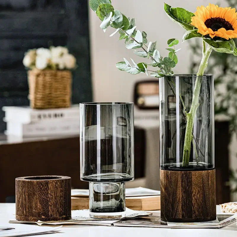 Vases Simple European Hydroponic Plant Household Living Room Table  Inserted Flower Wood Base Transparent Glass Vase Home Decor