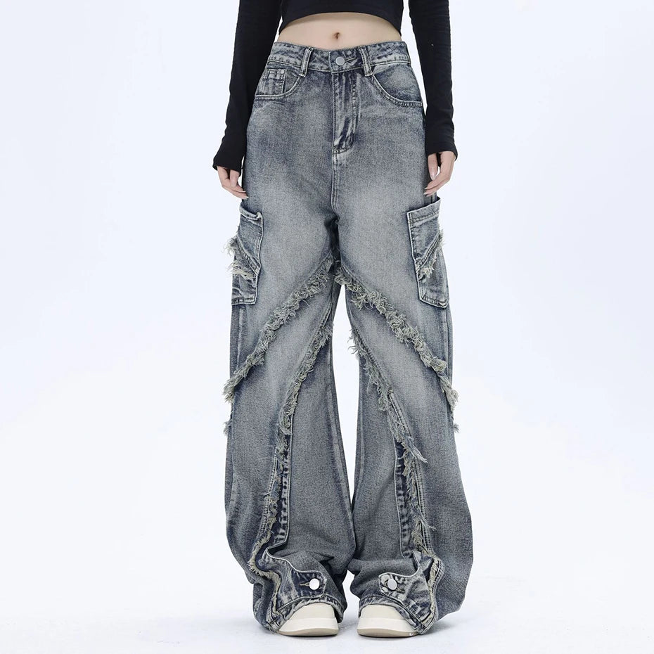 Y2K Vintage Blue Baggy Jeans Irregular Patchwork Loose Cargo Denim Pants Streetwear Harajuku Hip Hop Jeans Trousers Unisex