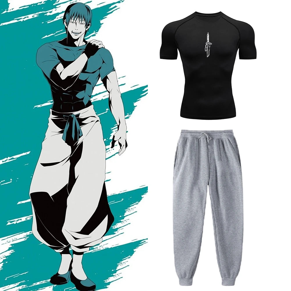 Anime Jujutsu Kaisen Toji Compression Shirt Set Casual Performance Set Men's Athletic Workout Quick Dry Tee+Sweatpants Unisex