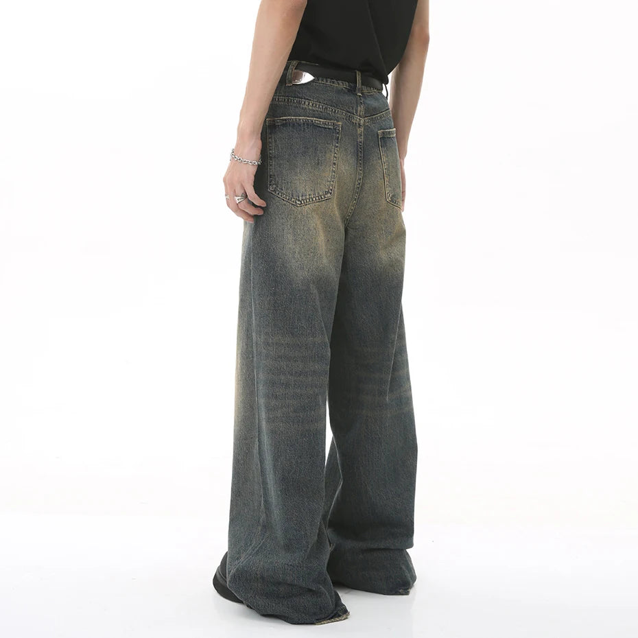 Vintage Blue Loose Denim Pants Men Retro Straight Baggy Jeans 2023 Wide Leg Casual Black Jeans Trousers